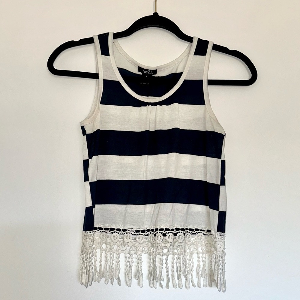 Rue21 Navy and White Striped Tank with Crochet Trim